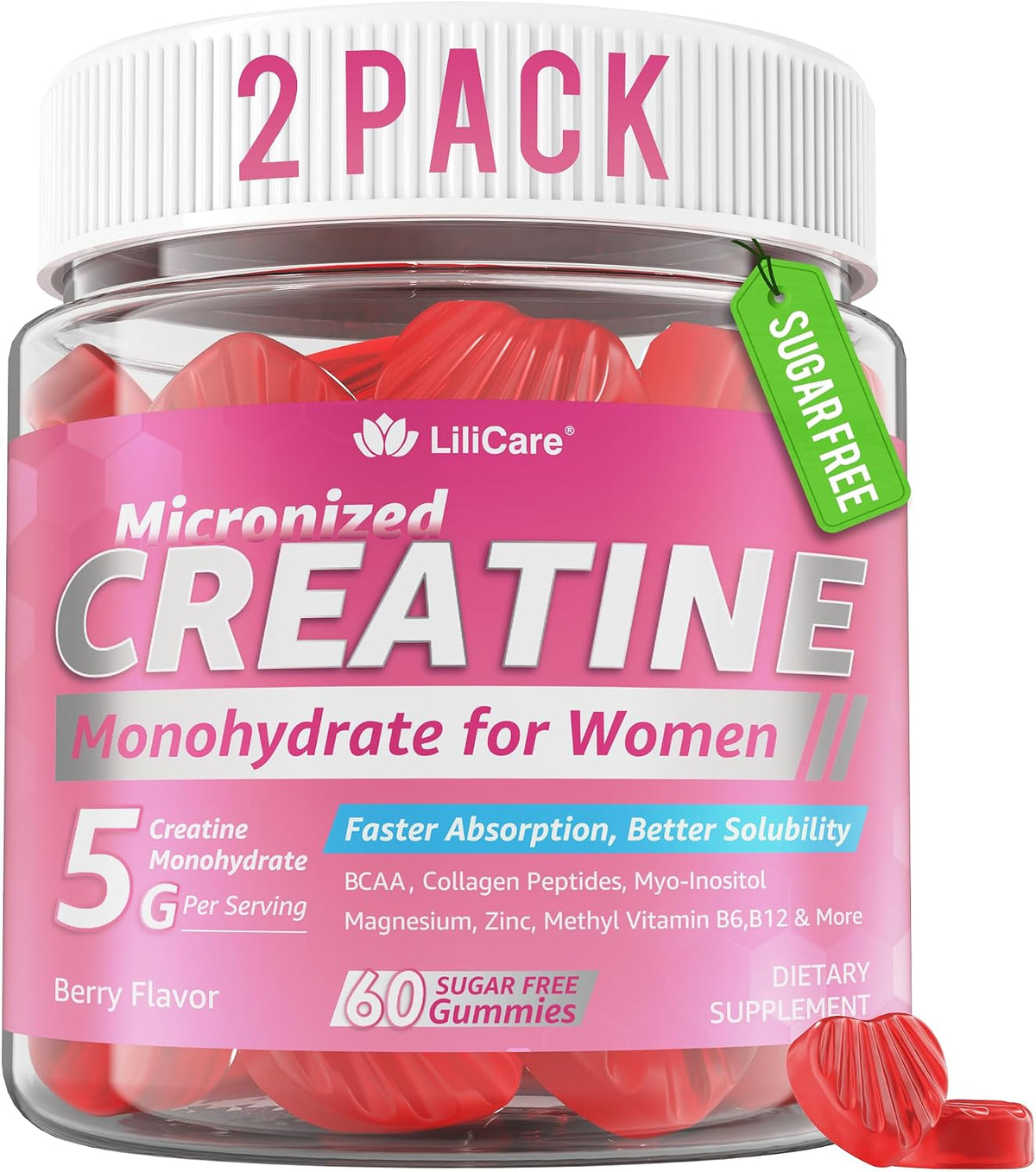 Creatine for Women Gummies: Micronised Creatine Monohydrate + Myo-Inositol, Collagen, BCAAs, Sugar Free - 120 Counts - görsel 1