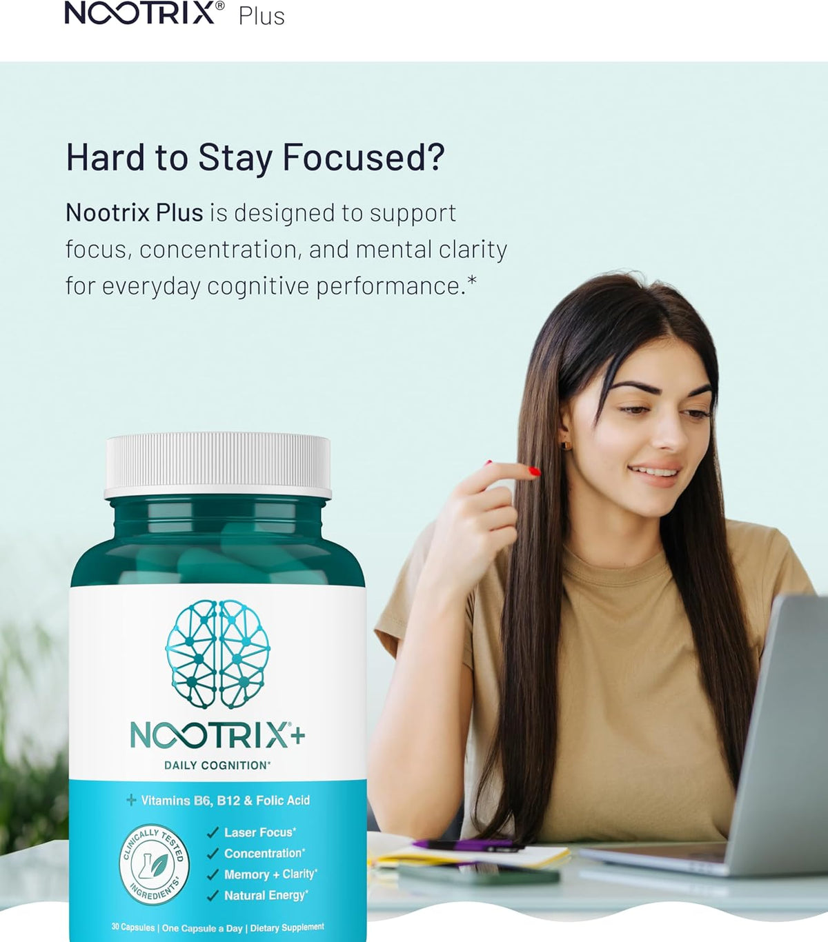 Nootrix Brain Plus Nootropic Supplement - Supports Memory, Focus, Cognitive Health and Energy - 60 Capsules (30-Day Supply) - görsel 3