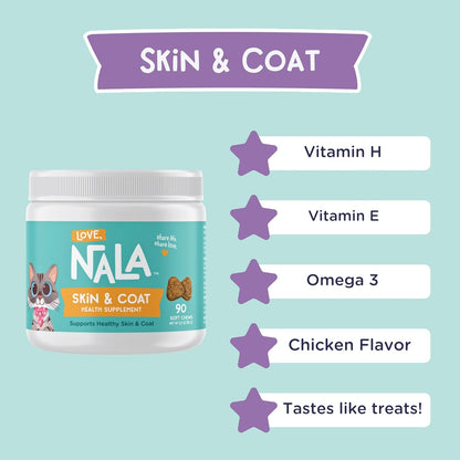 LOVE, NALA Skin and Coat Supplement for Cats – 90 Tasty Soft Chews with Omega-3, Biotin and Vitamin E – Promotes Healthy Skin and Coat