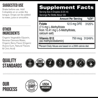 Organic L Methylfolate 7.5 mg Plus Methyl B12 Cofactor - Metabolically Active 5-MTHF Form, Superior Form of Folate - Organic Berry Flavour, Liquid Sublingual Form – Mood, Cognition, Methylation (1oz)