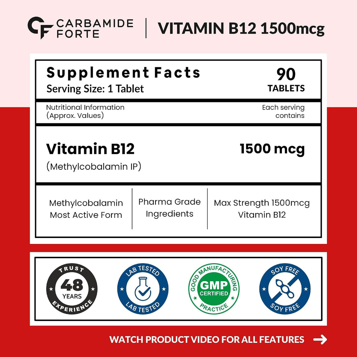 Carbamide Forte Vitamin B12 Tablets 1500 mcg - Methylcobalamin Active B12 Supplement for Men & Women - 90 Veg Tablets - görsel 2