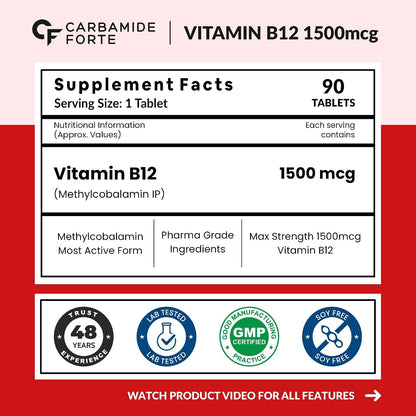 Carbamide Forte Vitamin B12 Tablets 1500 mcg - Methylcobalamin Active B12 Supplement for Men & Women - 90 Veg Tablets