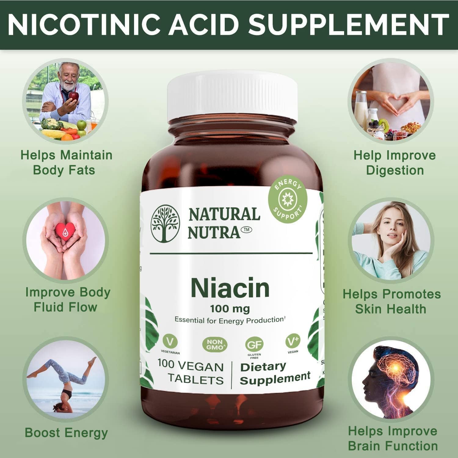 Natural Nutra Niacin Supplement 100 mg - Time Release, Non-GMO, Gluten-Free - 100 Tablets (Pack of 3) - görsel 3