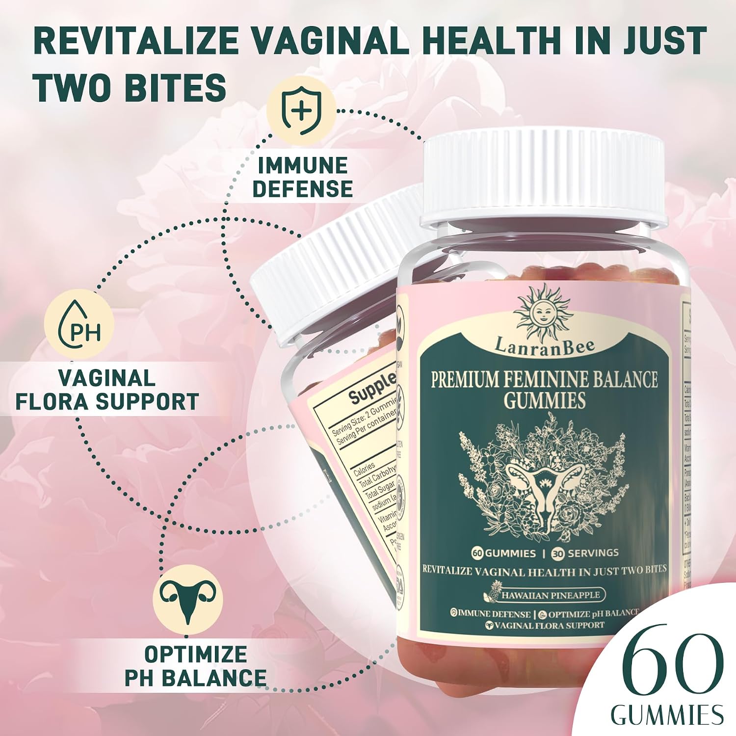 LanranBee Premium Feminine Balance Gummies - Vaginal Probiotic for Women - pH Balance & Immune Support - Hawaiian Pineapple Flavour - 60 Count - görsel 3