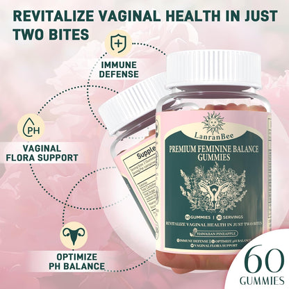 LanranBee Premium Feminine Balance Gummies - Vaginal Probiotic for Women - pH Balance & Immune Support - Hawaiian Pineapple Flavour - 60 Count