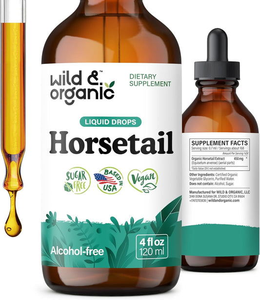 Wild & Organic Horsetail Herb Tincture - Hair, Skin and Nails Support - Liquid Horsetail Supplement - Vegan, Sugar & Alcohol-Free Leaf Extract Drops - 4 fl oz (118 ml)