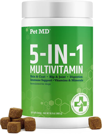 Pet MD 5in1 Dog Multivitamin - 30 Essential Vitamins & Nutrients for Skin & Coat, Hip & Joint, Digestion - Glucosamine, Omega-3-6-9, Probiotics (60 Soft Chews)