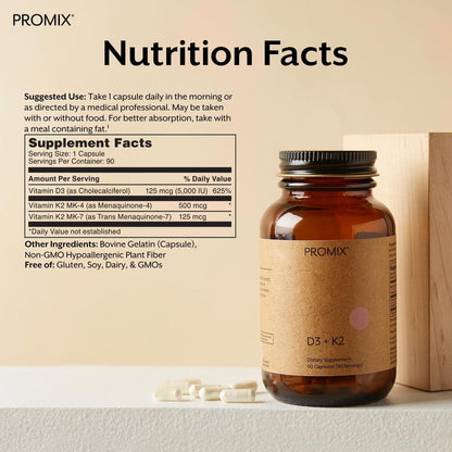 ProMix Nutrition Vitamin D3 K2 5000 IU Supplement - MK4 & MK7 - Soya and Gluten-free - 90 Capsules