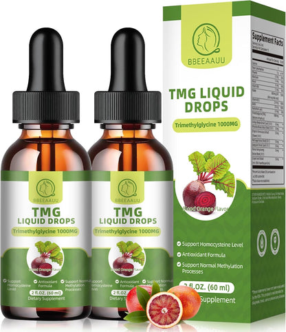TMG Supplement 1000mg – Trimethylglycine Liquid Drops, High Absorption Betaine, Supports Methylation, Liver Health & Cognitive Function, Non-GM, Vegan, Blood Orange Flavour, 60 ml (2 Pack)