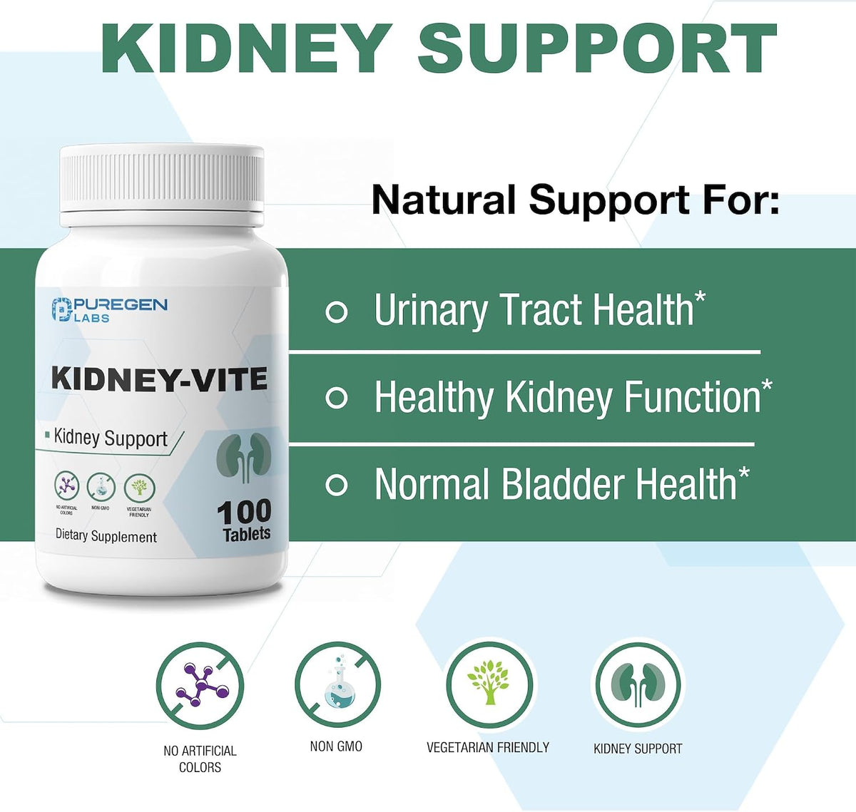 Puregen Labs Kidney-Vite | Premier Kidney Renal Support Supplement – 100 Vegetarian Tablets - görsel 3