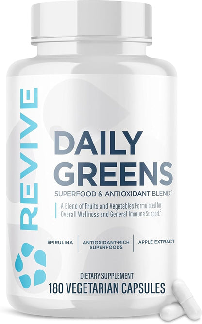 Revive MD Daily Greens - Superfood & Antioxidant Blend with Digestive Enzymes, Prebiotics and Probiotics - 180 Capsules