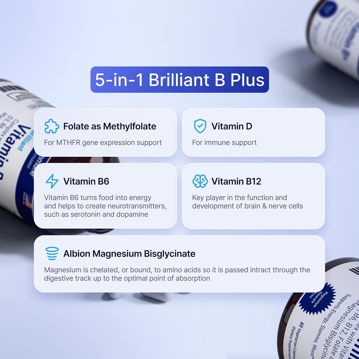 AgeImmune Vitamin B Complex with Vitamin D3, B12, B6, Magnesium Bisglycinate, and Folate as Methylfolate – 60 Capsules – No Niacin - görsel 5