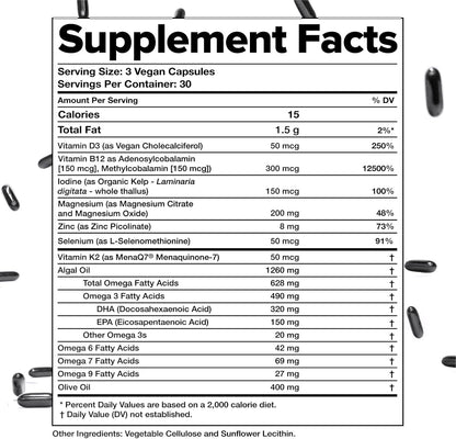 Complement Essential Vegan Multivitamin for Men and Women - with Omega-3 DHA & EPA, B12, Vitamin D3 & K2, Zinc, Selenium, Magnesium, Iodine (90 Capsules)