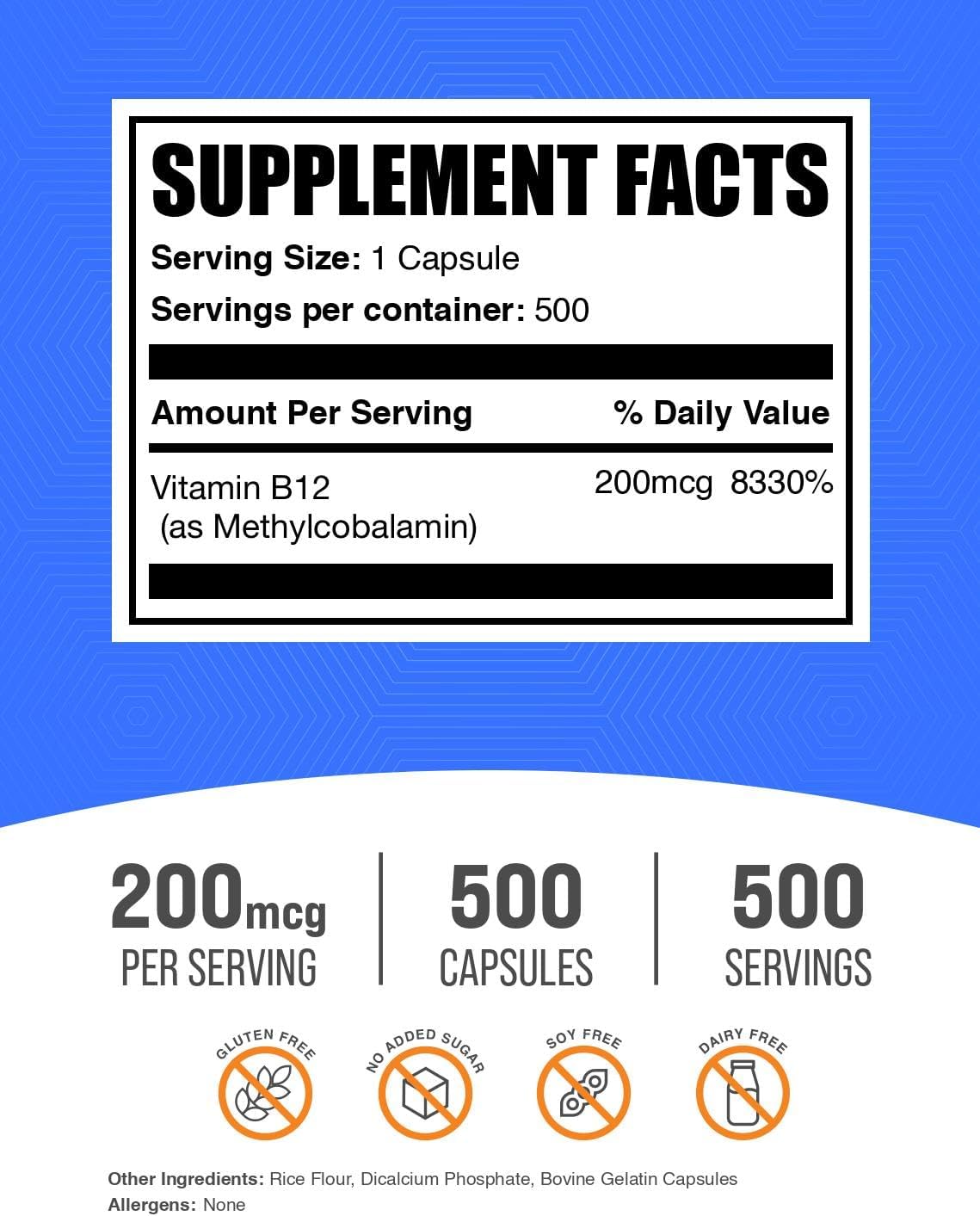 BulkSupplements.com Vitamin B12 Methylcobalamin Capsules (200mcg, 500 Capsules) - görsel 2