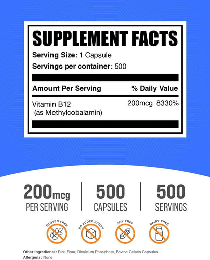 BulkSupplements.com Vitamin B12 Methylcobalamin Capsules (200mcg, 500 Capsules)