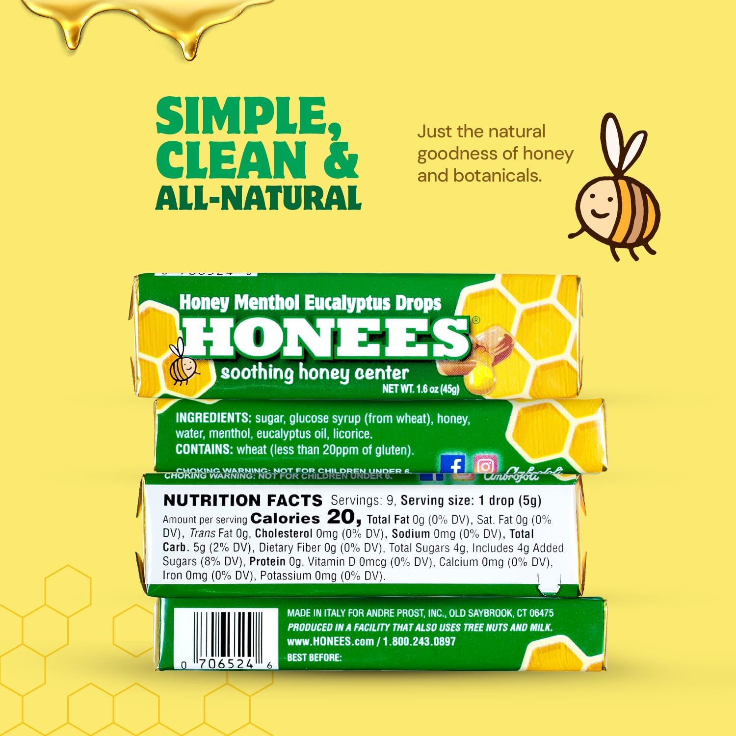 Honees Filled Menthol Cough Drops - Honey, Menthol & Eucalyptus - Natural Sore Throat Relief (6 Pack, 54 Drops) - görsel 4