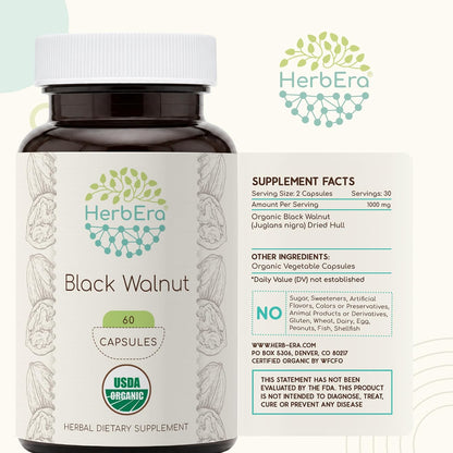 HerbEra Black Walnut 500 mg | Organic Vegan Capsules | Traditional Digestive & Antioxidant Support, Juglans Nigra Dried Hull | Herbal Supplement (60 Capsules)