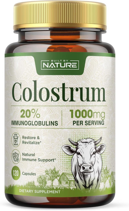Built by Nature Colostrum Supplement, 120 Capsules – 1000mg Grass-Fed Bovine Colostrum Powder from First Milkings, 20% IgG Immunoglobulins – Gut Health, Immune Support, Hair & Skin Wellness