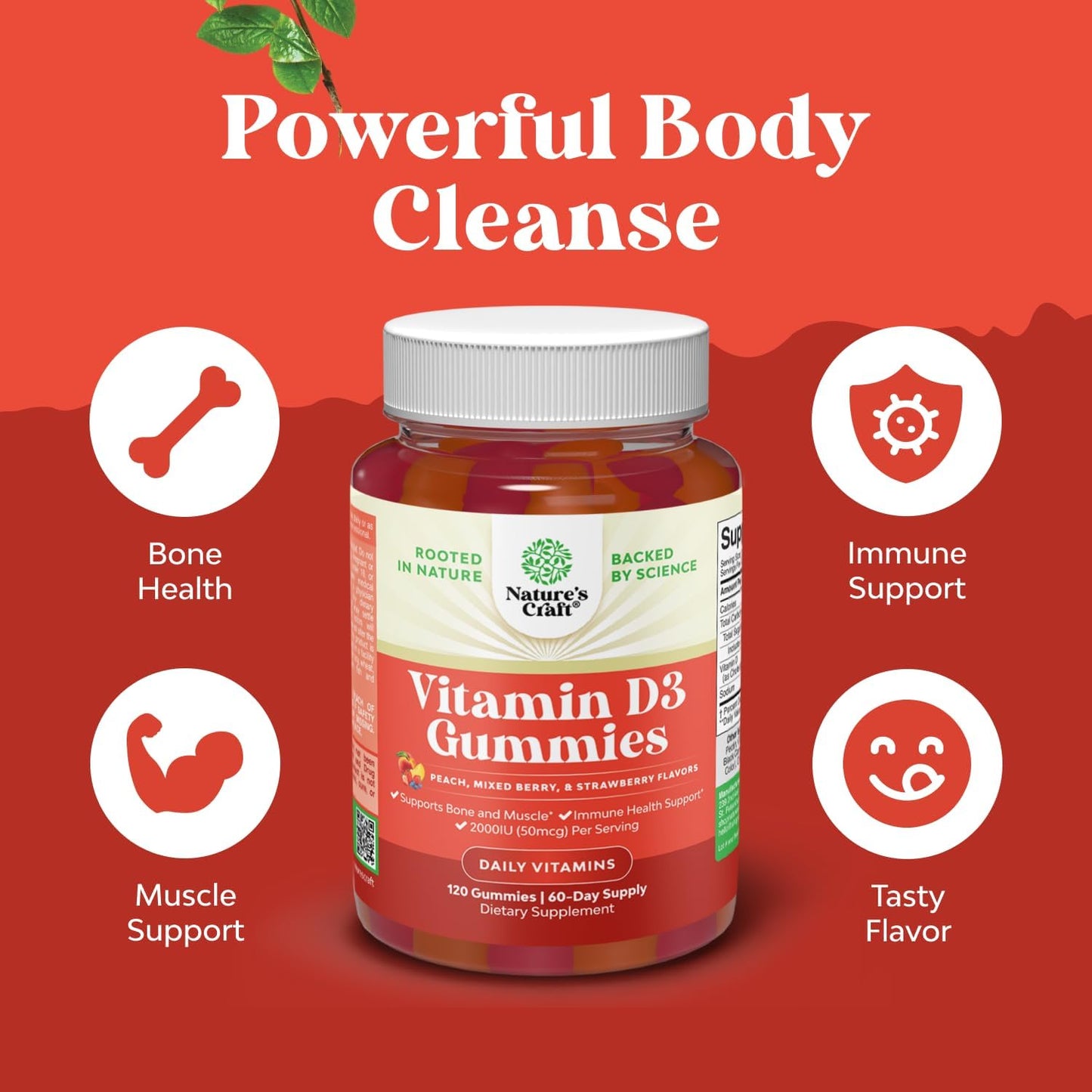 Natures Craft Vitamin D3 Gummies for Daily Wellness – 50 µg (2000 IU) per Serving – Immune & Bone Support – Non-GMO, Gluten-free – 120 Count - görsel 3