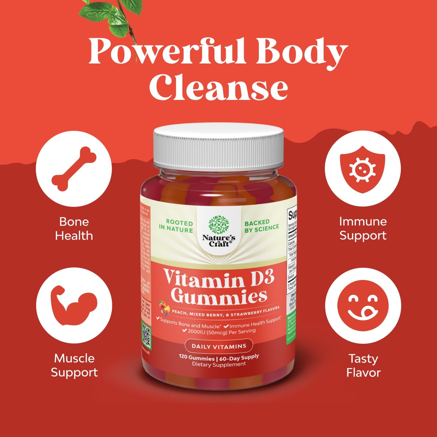Natures Craft Vitamin D3 Gummies for Daily Wellness – 50 µg (2000 IU) per Serving – Immune & Bone Support – Non-GMO, Gluten-free – 120 Count - görsel 3