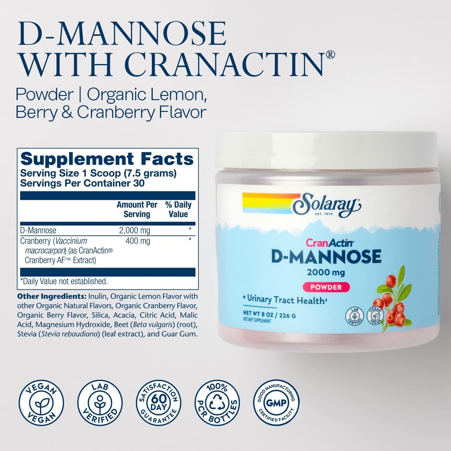 SOLARAY D-Mannose with CranActin Cranberry AF Extract Powder – 2,000 mg, 30 Servings - görsel 2