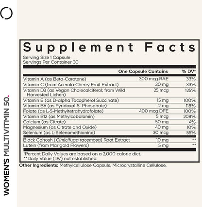 Codeage Women’s Multivitamin 50 - Essential Vitamins for Women Over 50, Methylated Folate, Magnesium, Selenium, Vitamin B6, B12, D3 Antioxidants - 1 Pill Per Serving - Gluten-free - 30 Capsules