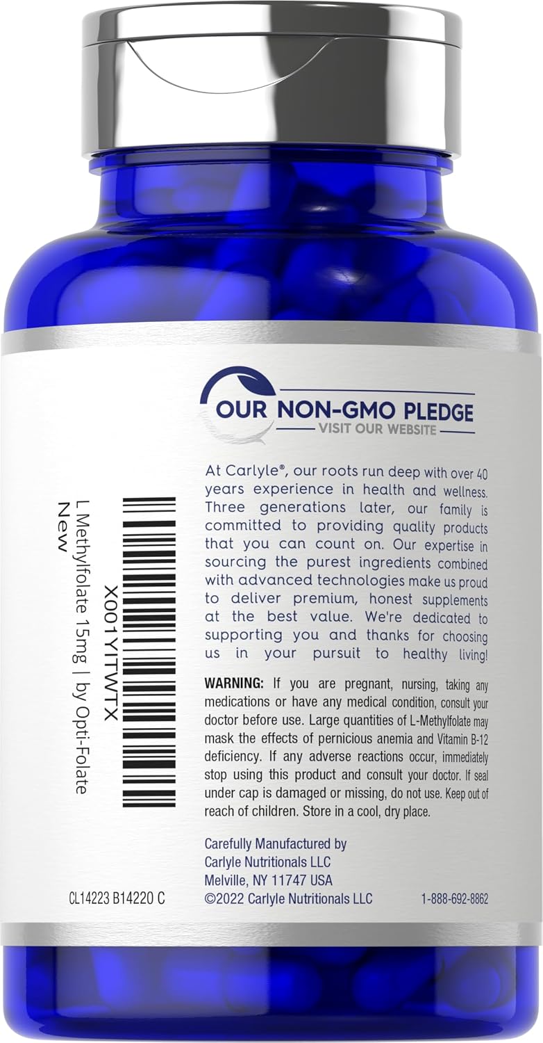 Carlyle L Methylfolate 15mg | 120 Capsules | Value Size | High Strength | Active Folate (5-MTHF) | Non-GMO, Gluten-free Supplement | by Opti-Folate - görsel 3