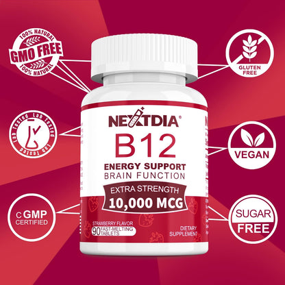 Methylated Vitamin B12 10,000 mcg Sublingual Tablets – Natural Strawberry Flavour, 180 Count