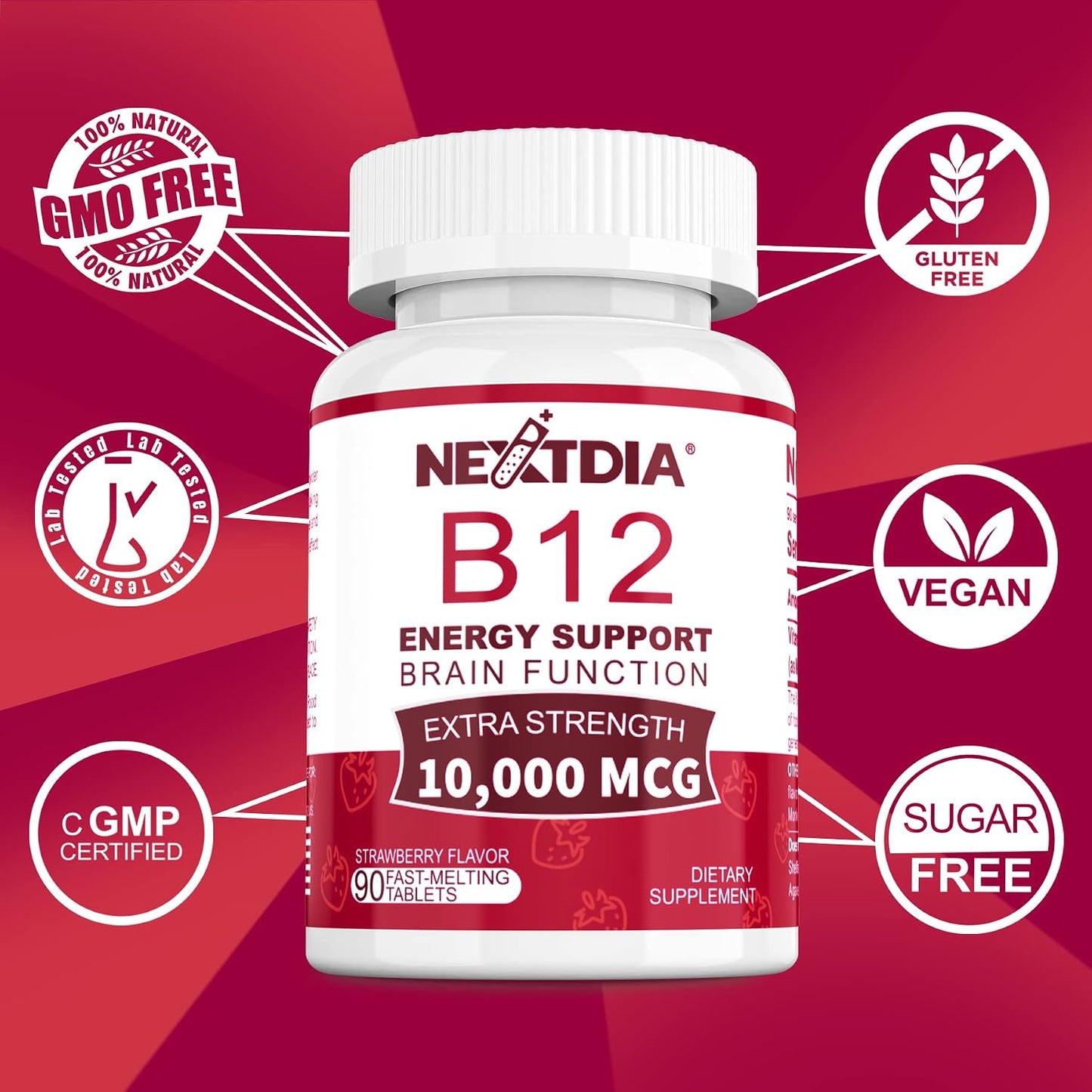 Vitamin B12, Methylcobalamin 10000 mcg, Active B12 Vitamins, Vegan, Natural Strawberry, Zero Sugar, 90 Fast Dissolve Tablets - görsel 7