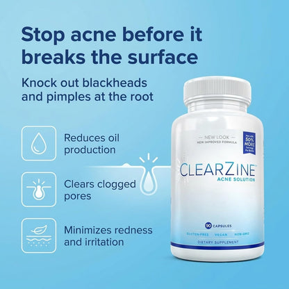 ClearZine Acne Pills – Hormonal & Cystic Acne Supplement for Teens & Adults (90 Capsules)