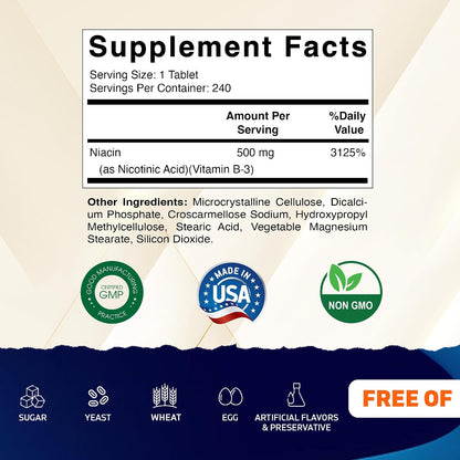 Vitamatic Niacin (Vitamin B3) 500mg, 240 Tablets - Sustained Release, Non-GMO & Gluten-free