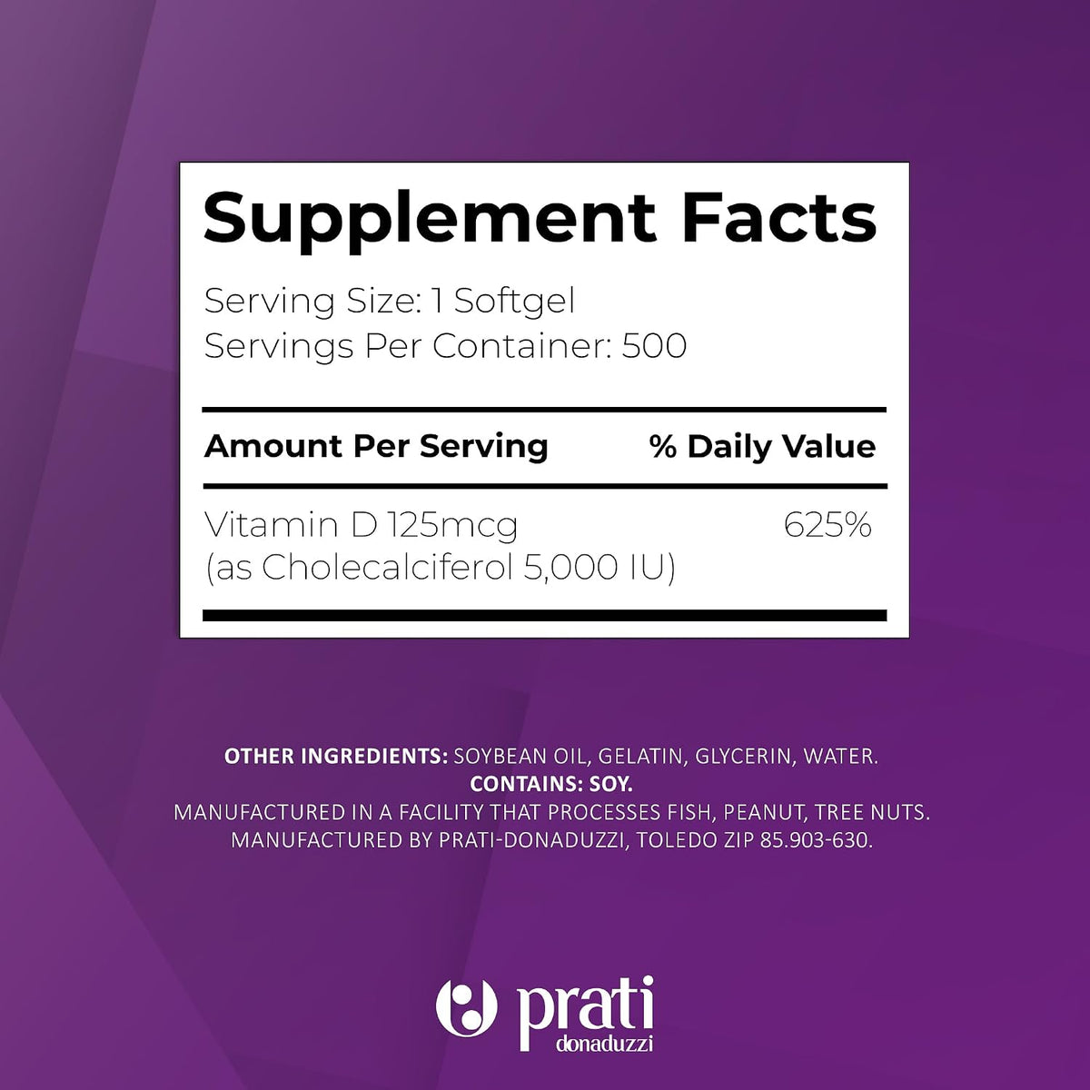 Prati Donaduzzi Vitamin D3 5,000 IU (125 mcg) Soft gel capsules, 500 Count - görsel 5