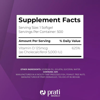 Prati Donaduzzi Vitamin D3 5,000 IU (125 mcg) Soft gel capsules, 500 Count
