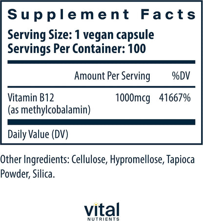 Vital Nutrients Vitamin B12 1000mcg - Vegan - Methylcobalamin for Metabolism, Cognitive & Nervous System Health - High-Potency B12 Supplement - Gluten, Dairy, Soy Free - 100 Capsules