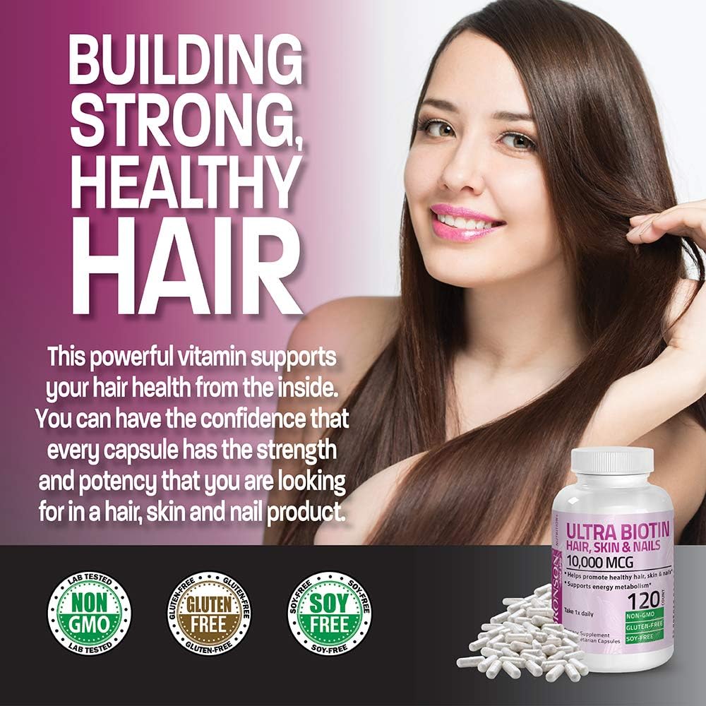 Bronson Ultra Biotin 10,000 mcg - Hair, Skin, and Nails Supplement, Non-GMO, 120 Vegetarian Capsules - görsel 4