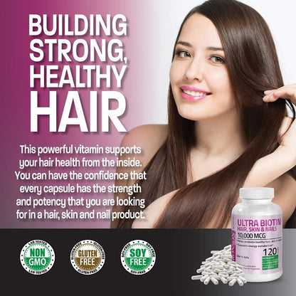 Bronson Ultra Biotin 10,000 mcg - Hair, Skin and Nails Food Supplement, 360 Vegetarian Capsules