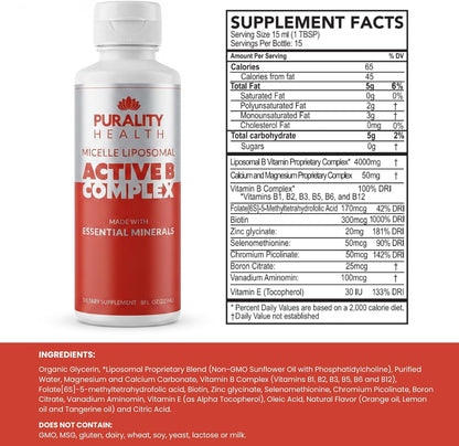 Liposomal Vitamin B Complex Liquid Supplement – All 8 B Vitamins with Minerals, 15-Day Supply