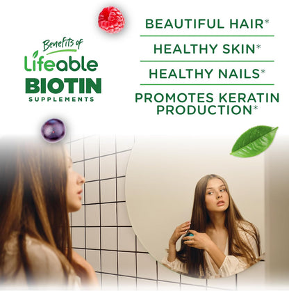 Lifeable Teens Biotin 10000mcg Gummies - Vegan Biotin Supplement for Hair, Skin & Nails - 90 Gummies