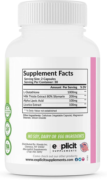 eXplicit Supplements Glutathione 1000mg - Antioxidant Capsules, 60 Capsules