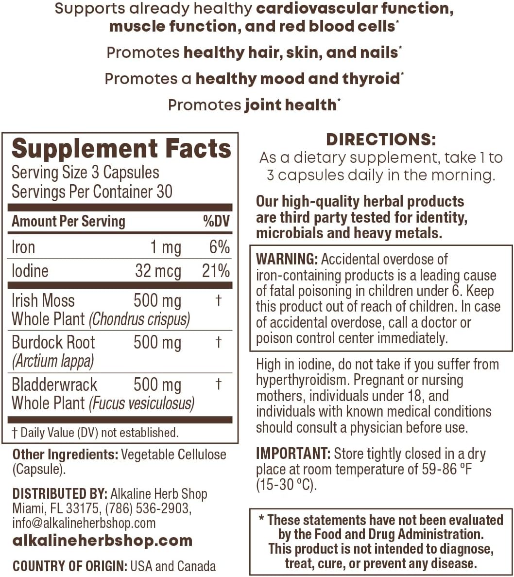 Alkaline Herb Store Sea Moss, Burdock Root & Bladderwrack Supplement – 90 Capsules - görsel 1