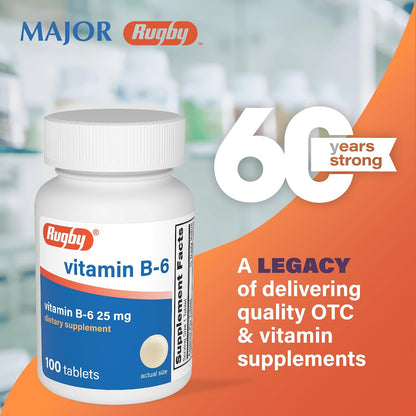 Rugby Vitamin B-6 Tablets - 25mg Vitamin B6 - Food Supplement - 100 Tablets