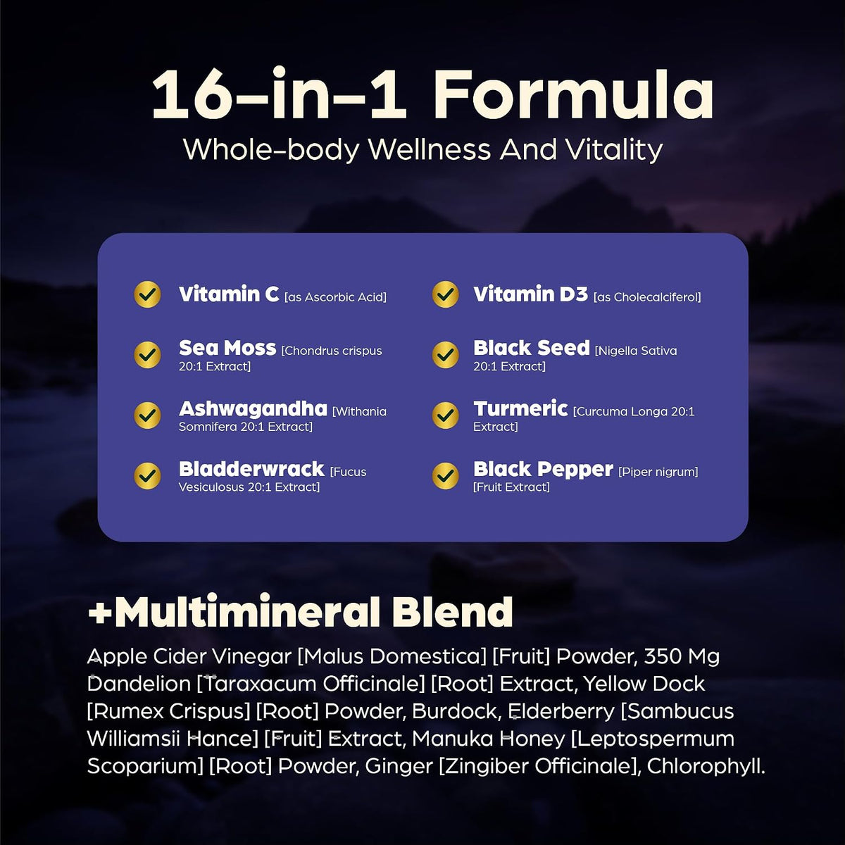 Anuva 16-in-1 Sea Moss Capsules | Black Seed Oil, Ashwagandha, Vitamin C, D3, Turmeric, Burdock, Bladderwrack & Multi-Minerals | 60 Vegetarian Capsules - görsel 4