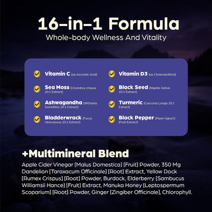 Anuva 16-in-1 Sea Moss Capsules | Black Seed Oil, Ashwagandha, Vitamin C, D3, Turmeric, Burdock, Bladderwrack & Multi-Minerals | 60 Vegetarian Capsules
