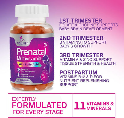 Prenatal Vitamins for Women – Pregnancy Gummies with Folic Acid, Vitamin A, C, D3, B12, B6 – Prenatal Multivitamin Gummy for Foetal Support, Pregnant & Nursing Women – 120 Gummies