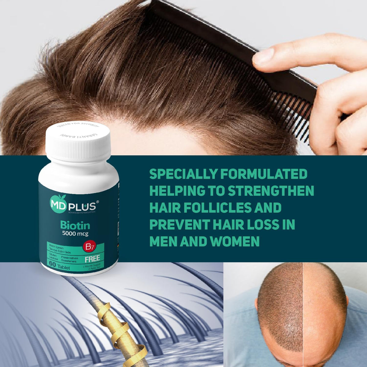HairMD Md Plus Advanced Hair Biotin 5000 mcg – 60 Tablets - görsel 5