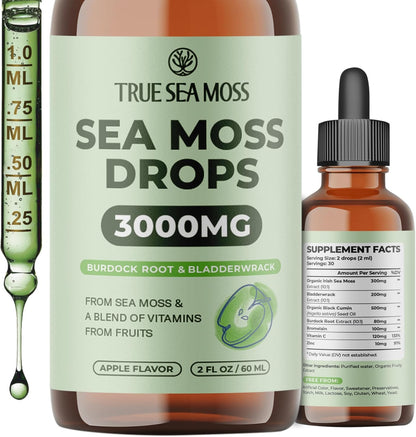 TrueSeaMoss Irish Sea Moss Liquid Drops – Black Cumin Seed Oil, Bladderwrack Extract, Burdock Root, Vitamin C & Zinc – Apple Flavour – 30 Servings