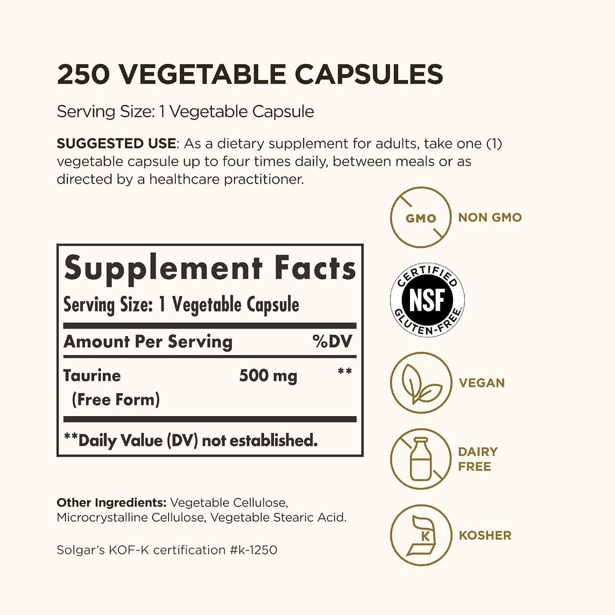 Solgar Taurine 500 mg, 250 Vegetable Capsules - görsel 2