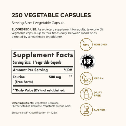 Solgar Taurine 500 mg, 250 Vegetable Capsules