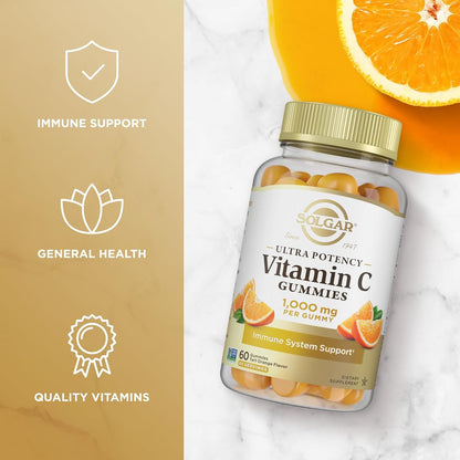 Solgar Vitamin C Gummies for Adults 1,000mg Ultra Potency - Tart Orange Flavour, Vegan & Gluten-Free, 60 Servings