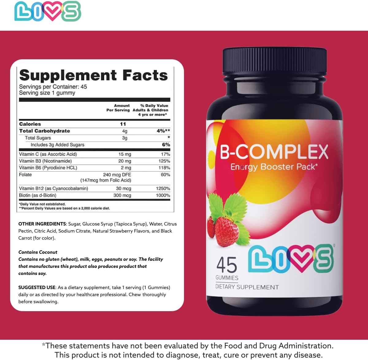 LIVS Vitamin B Complex Gummies with B12, Biotin, B3, B6 and Vitamin C – Strawberry Flavour (45 Count) - görsel 5